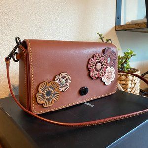 Brownish Orange Coach Crossbody Bag with a Turn Lock and Custom Leather Flowers